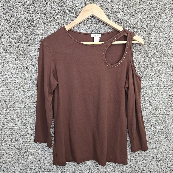 Cache Top Womens Large Brown Cut Out Cold‎ Shoulder Tee Casual Ladies 3/4 Sleeve - Picture 1 of 7